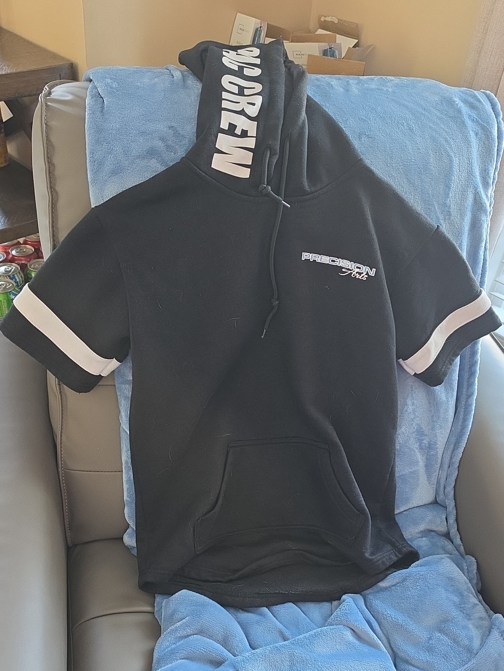 Black Short-Sleeve Hoodie with White Sleeve Accents